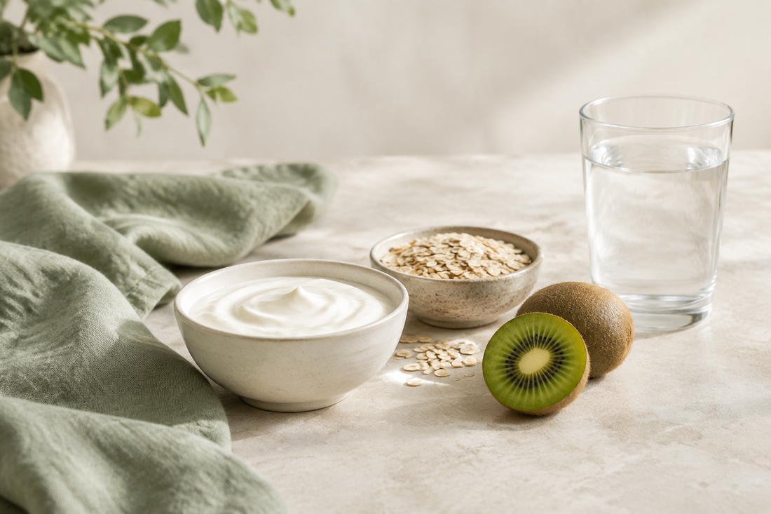 Yogurt, oats, kiwi and a glass of water arranged on pale stone with sage linen.